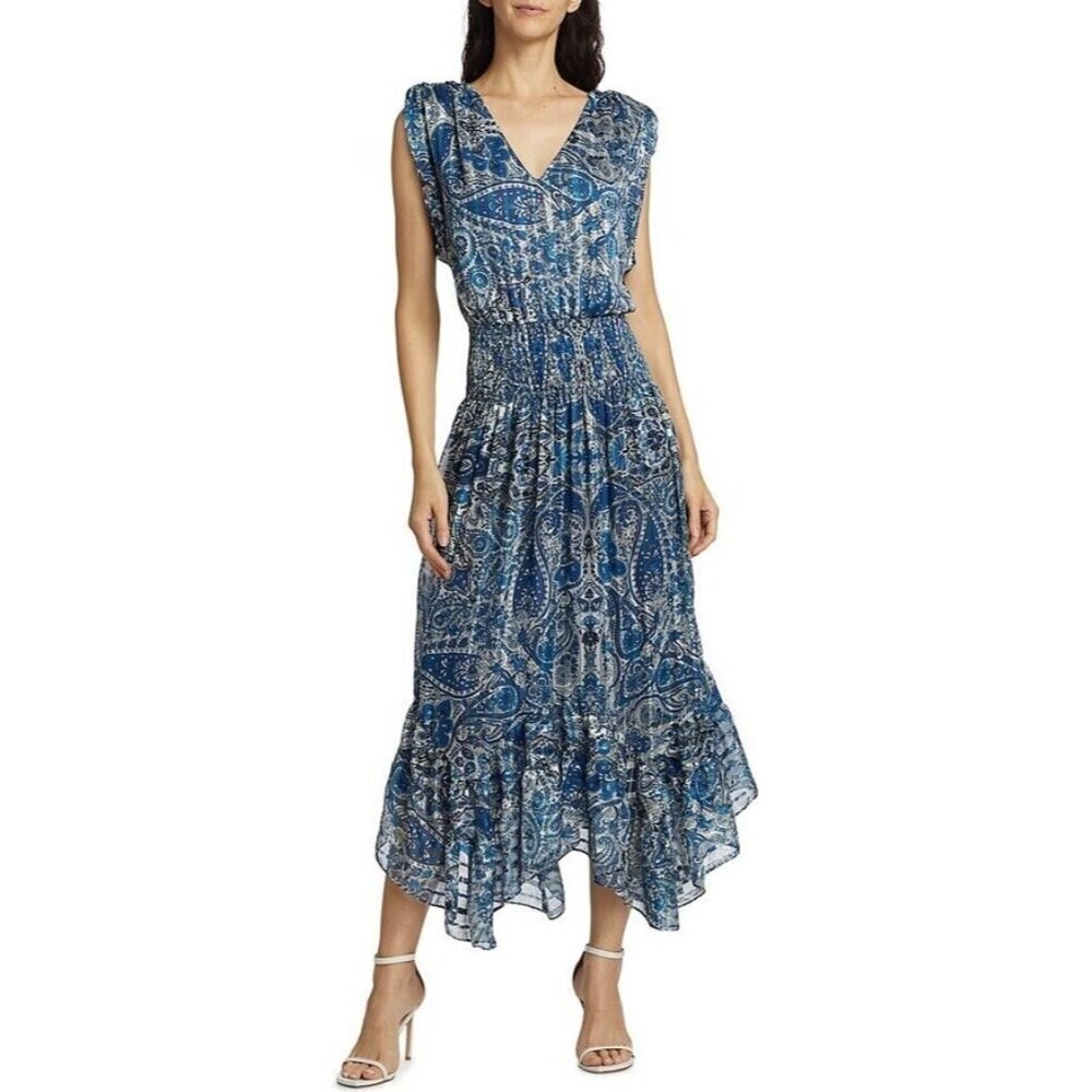 NWT Ramy Brook Lucy Smocked Midi in True Blue Paisley Blouson Dress XS $545